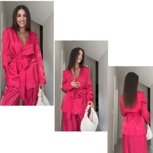 ZARA Women's Blazer Wrinkle Effect Belted fuchsia Hot Pink NWOT Sz L relaxed fit